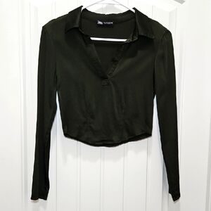 Zara Long Sleeve Collared V-neck Crop Top